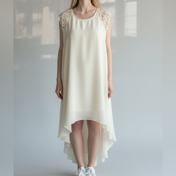 Marciano Dresses & Skirts - Marciano Ivory Textured Satin Lace Sleeve High Low Shift Dress